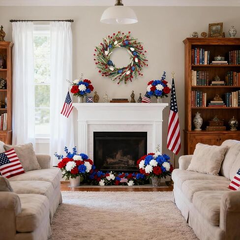 22 Inch Patriotic Tulip Wreath for Front Door, 4th of July Independence Day Memorial Day Decor with Red White Blue Flowers and Grain Stems, Indoor Outdoor Patriotic Wreaths for Home Porch Wall in Saudi Arabia