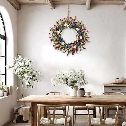 22 Inch Patriotic Tulip Wreath for Front Door, 4th of July Independence Day Memorial Day Decor with Red White Blue Flowers and Grain Stems, Indoor Outdoor Patriotic Wreaths for Home Porch Wall in Saudi Arabia