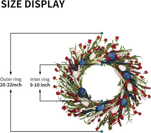 22 Inch Patriotic Tulip Wreath for Front Door, 4th of July Independence Day Memorial Day Decor with Red White Blue Flowers and Grain Stems, Indoor Outdoor Patriotic Wreaths for Home Porch Wall in Saudi Arabia