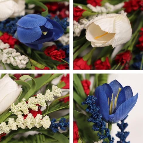 22 Inch Patriotic Tulip Wreath for Front Door, 4th of July Independence Day Memorial Day Decor with Red White Blue Flowers and Grain Stems, Indoor Outdoor Patriotic Wreaths for Home Porch Wall in Saudi Arabia
