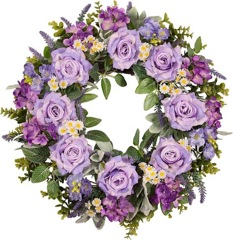 24 Inch Purple Rose Wreath for Front Door, Spring Summer Floral Wreath with Hydrangea Lavender Daisy, Artificial Flowers Wreath for Outdoor Porch Indoor Home Wall Decor in Saudi Arabia