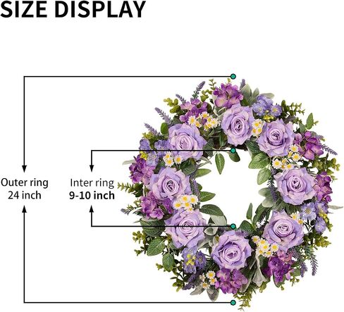 24 Inch Purple Rose Wreath for Front Door, Spring Summer Floral Wreath with Hydrangea Lavender Daisy, Artificial Flowers Wreath for Outdoor Porch Indoor Home Wall Decor in Saudi Arabia