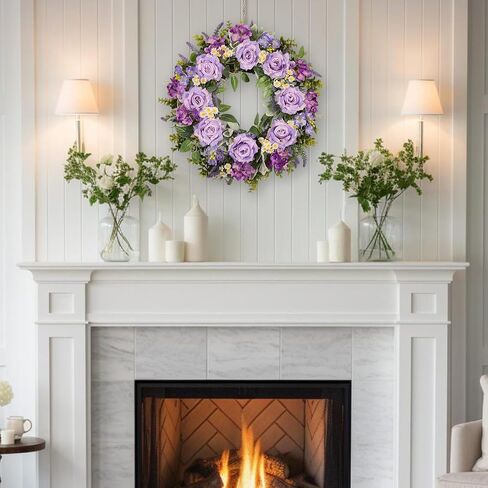 24 Inch Purple Rose Wreath for Front Door, Spring Summer Floral Wreath with Hydrangea Lavender Daisy, Artificial Flowers Wreath for Outdoor Porch Indoor Home Wall Decor in Saudi Arabia