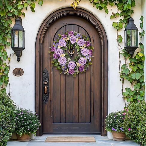 24 Inch Purple Rose Wreath for Front Door, Spring Summer Floral Wreath with Hydrangea Lavender Daisy, Artificial Flowers Wreath for Outdoor Porch Indoor Home Wall Decor in Saudi Arabia