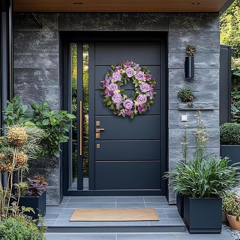 24 Inch Purple Rose Wreath for Front Door, Spring Summer Floral Wreath with Hydrangea Lavender Daisy, Artificial Flowers Wreath for Outdoor Porch Indoor Home Wall Decor in Saudi Arabia