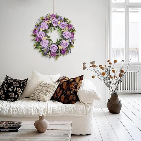 24 Inch Purple Rose Wreath for Front Door, Spring Summer Floral Wreath with Hydrangea Lavender Daisy, Artificial Flowers Wreath for Outdoor Porch Indoor Home Wall Decor in Saudi Arabia