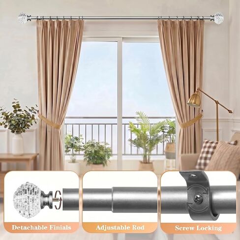 Silver Modern Curtain Rods for Windows 68 to 140 Inch,72-144 Inch Decorative Curtain Rod with Acrylic Crystal Finials, Heavy Duty Adjustable Window Treatment Rods forLiving-room Bedroom in Saudi Arabia