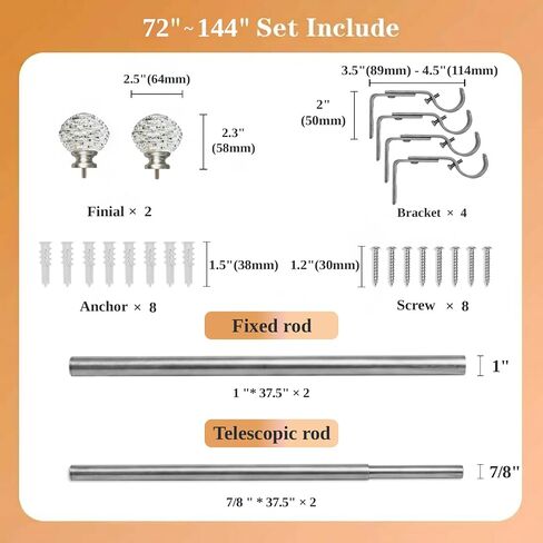 Silver Modern Curtain Rods for Windows 68 to 140 Inch,72-144 Inch Decorative Curtain Rod with Acrylic Crystal Finials, Heavy Duty Adjustable Window Treatment Rods forLiving-room Bedroom in Saudi Arabia