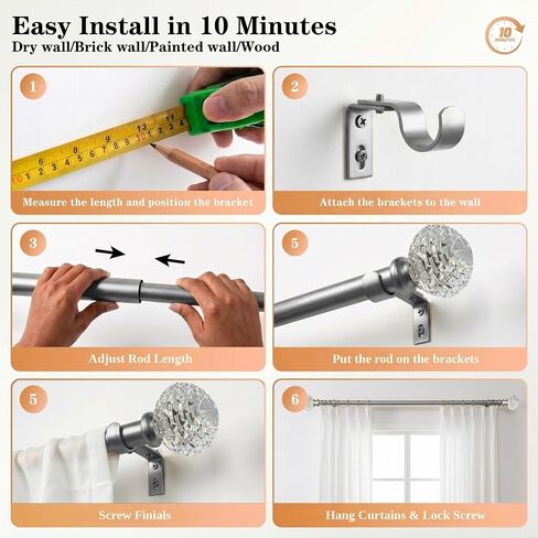 Silver Modern Curtain Rods for Windows 68 to 140 Inch,72-144 Inch Decorative Curtain Rod with Acrylic Crystal Finials, Heavy Duty Adjustable Window Treatment Rods forLiving-room Bedroom in Saudi Arabia