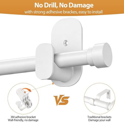 TONIAL Curtain Rods No Drilling for Windows from 40 to 53 Inches, 5/8 Inch Curtain Rod 32 to 58 inch with Adhesive Brackets without drilling, Renter Apartment Friendly Adjustable Drapery Rods, White in Saudi Arabia