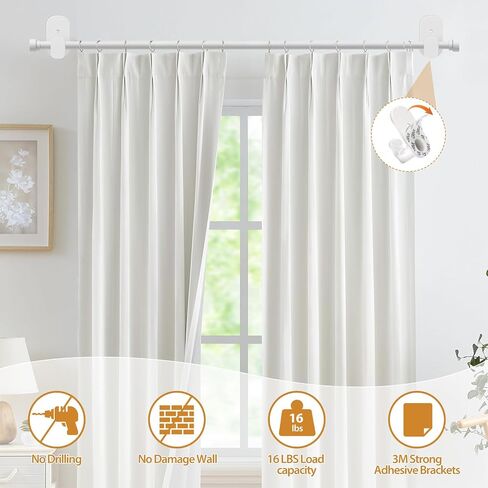 TONIAL Curtain Rods No Drilling for Windows from 40 to 53 Inches, 5/8 Inch Curtain Rod 32 to 58 inch with Adhesive Brackets without drilling, Renter Apartment Friendly Adjustable Drapery Rods, White in Saudi Arabia