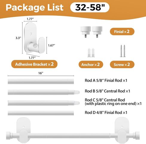 TONIAL Curtain Rods No Drilling for Windows from 40 to 53 Inches, 5/8 Inch Curtain Rod 32 to 58 inch with Adhesive Brackets without drilling, Renter Apartment Friendly Adjustable Drapery Rods, White in Saudi Arabia