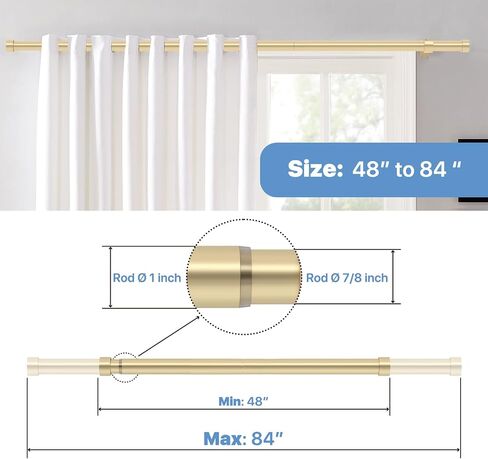 Gold Curtain Rod 84 inch, Heavy Duty Curtain Rods for Windows Adjustable, 1 inch Metal Drapery Rods with End Cap Finials, Modern Drapery Rods for Sliding Door, Bedroom, Living Room in Saudi Arabia