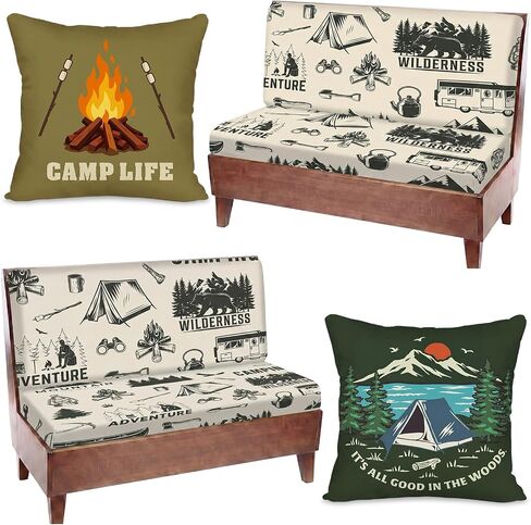 Tiamon RV Dinette Cushion Covers Set - 6 Pcs Camping Theme Cushion Slipcovers for Camper Car Bench Seat Replacement, 2 Pillowcase, 2 Backrest, 2 Bench Cover(Fabric,Green Camp) in Kuwait