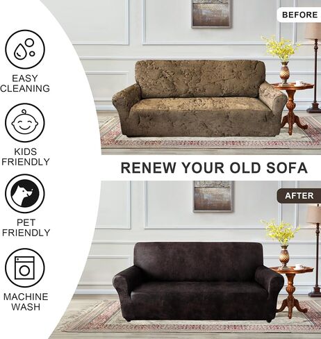 ANARACHON Faux Leather Fabric 1-Piece Stretch Sofa Slipcover, Non Slip Washable Couch Cover, Scratch Resistant Furniture Protector for Dogs Cats, Fits Width Up to 88 Inch, Chocolate in Saudi Arabia