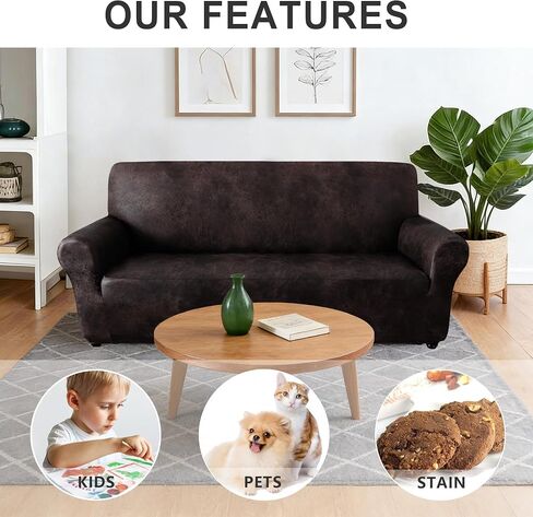 ANARACHON Faux Leather Fabric 1-Piece Stretch Sofa Slipcover, Non Slip Washable Couch Cover, Scratch Resistant Furniture Protector for Dogs Cats, Fits Width Up to 88 Inch, Chocolate in Saudi Arabia