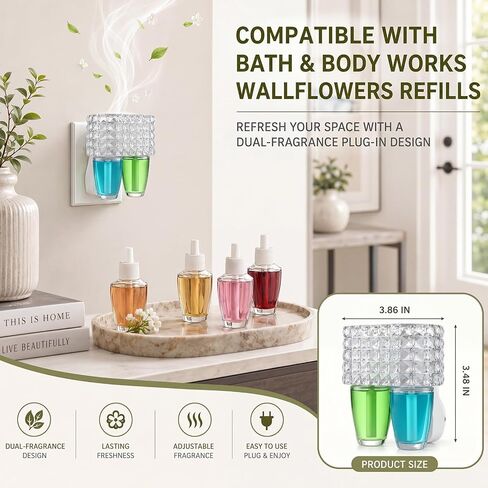Patelai 1 Pack Wall Fragrance Duo Plug in Compatible with Bath and Body Works Wallflowers Refills with Night Light, 3 Level Scent Control, Decorative Diamond 2 Slot Oil Diffuser for Home Office in Kuwait