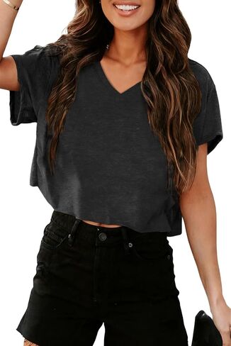 UNCLECAT Women's V Neck Cropped T Shirts Summer Short Sleeve Crewneck Crop Tops Solid Basic Tees in Kuwait