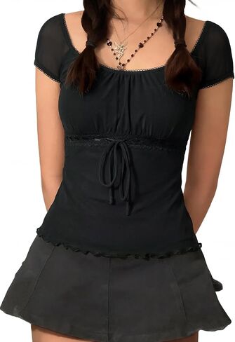 EMMIOL Y2K Mesh Top Women Babydoll Stretchy Short Sleeve Shirt Scoop Neck Summer Going Out Cute Fairy Top in Kuwait