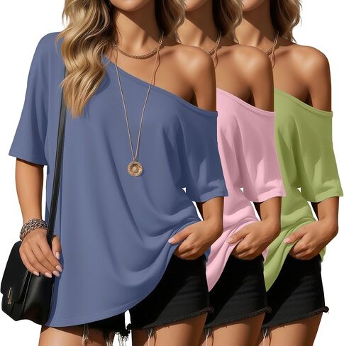 Locoowai 3 Pack Women’s Off The Shoulder Tops Oversized Short Sleeve Tshirts Summer Casual Loose Tee 2026 Fashion Clothes in Saudi Arabia