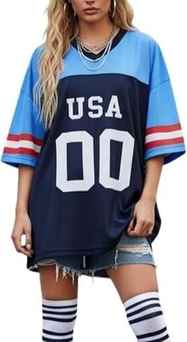Jersey Shirts for Women Y2k Number Graphic Shirt Oversized Short Sleeve V Neck Shirts Streetwear Summer Tops in Saudi Arabia