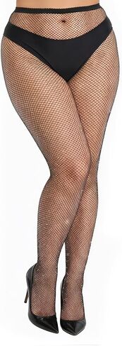 Plus Size Fishnet Stockings, Sparkly Fishnet Tights Plus Size, High Waist Sparkly Mesh Fishnets for Women, Suitable for Christma Party Concert Club Wear (Black) in Kuwait