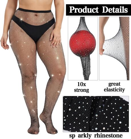 Plus Size Fishnet Stockings, Sparkly Fishnet Tights Plus Size, High Waist Sparkly Mesh Fishnets for Women, Suitable for Christma Party Concert Club Wear (Black) in Kuwait