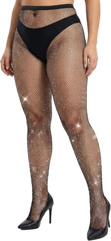 Plus Size Fishnet Stockings, Sparkly Fishnet Tights Plus Size, High Waist Sparkly Mesh Fishnets for Women, Suitable for Christma Party Concert Club Wear (Black) in Kuwait