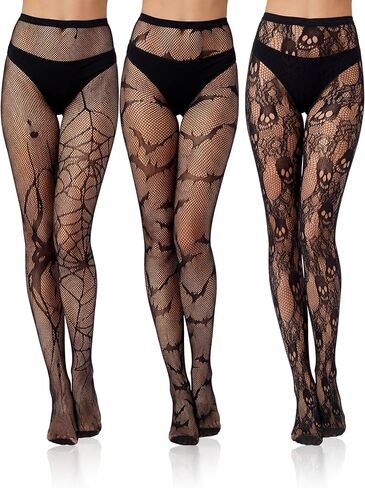 Ramede 3 Pairs Fishnet Stockings Women Lace Tights Patterned Thigh High Waist Goth Leggings Tight Pantyhose for Halloween in Kuwait