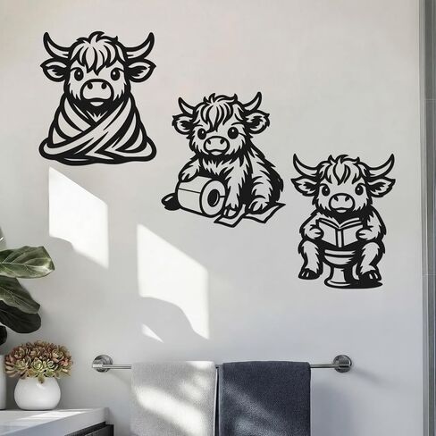 Pelopy 3 Pieces Metal Highland Cow Bathroom Decor Western Wall Arts Rustic Farmhouse Highland Cow Wall Decor Funny Black Minimalist Bathroom Decors for Room Housewarming Gifts in Kuwait