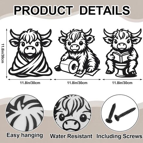 Pelopy 3 Pieces Metal Highland Cow Bathroom Decor Western Wall Arts Rustic Farmhouse Highland Cow Wall Decor Funny Black Minimalist Bathroom Decors for Room Housewarming Gifts in Kuwait