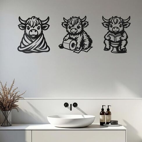 Pelopy 3 Pieces Metal Highland Cow Bathroom Decor Western Wall Arts Rustic Farmhouse Highland Cow Wall Decor Funny Black Minimalist Bathroom Decors for Room Housewarming Gifts in Kuwait