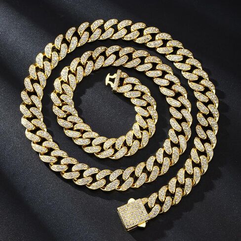 Solid Gold over S925 Sterling Silver 13mm Single Row Moissanite Miami Cuban Necklace, Classic Profile with Clean Lines, Hip Hop Style for Men in Kuwait