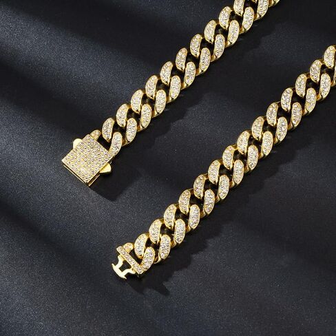 Solid Gold over S925 Sterling Silver 13mm Single Row Moissanite Miami Cuban Necklace, Classic Profile with Clean Lines, Hip Hop Style for Men in Kuwait