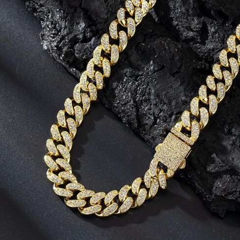 Solid Gold over S925 Sterling Silver 13mm Single Row Moissanite Miami Cuban Necklace, Classic Profile with Clean Lines, Hip Hop Style for Men in Kuwait