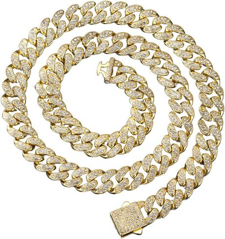 Solid Gold over S925 Sterling Silver 13mm Single Row Moissanite Miami Cuban Necklace, Classic Profile with Clean Lines, Hip Hop Style for Men in Kuwait