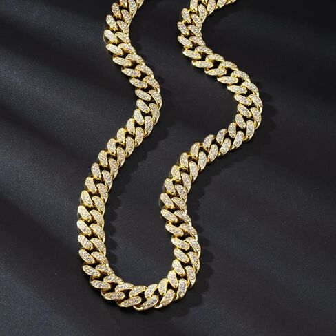 Solid Gold over S925 Sterling Silver 13mm Single Row Moissanite Miami Cuban Necklace, Classic Profile with Clean Lines, Hip Hop Style for Men in Kuwait