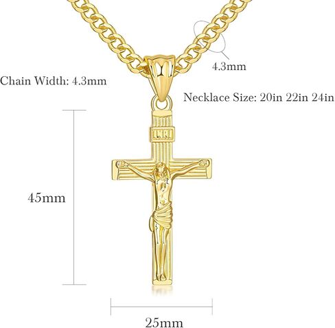 SANDRA REDD Cross Necklace for Men Gold Cross Necklace for Men 14K Gold Mens Cross Necklaces Paired with 4.3mm Cuban Link Chain for Men Crucifix Pendant Mens Crosses Necklaces 20/22/24in in Saudi Arabia