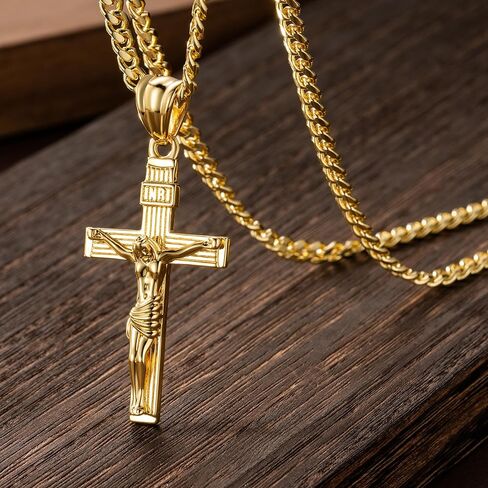 SANDRA REDD Cross Necklace for Men Gold Cross Necklace for Men 14K Gold Mens Cross Necklaces Paired with 4.3mm Cuban Link Chain for Men Crucifix Pendant Mens Crosses Necklaces 20/22/24in in Saudi Arabia