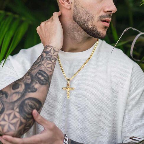 SANDRA REDD Cross Necklace for Men Gold Cross Necklace for Men 14K Gold Mens Cross Necklaces Paired with 4.3mm Cuban Link Chain for Men Crucifix Pendant Mens Crosses Necklaces 20/22/24in in Saudi Arabia