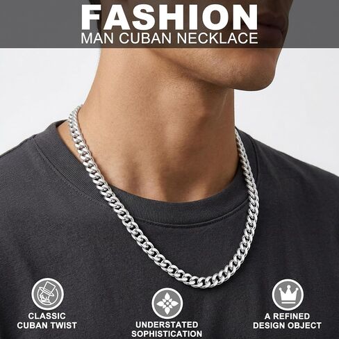 S925 Sterling Silver Cuban Chain Necklace for Men - 10MM S925 Sterling Silver Over Cuban Chain Necklace for Men 18/20/22/24/26Inch in Saudi Arabia