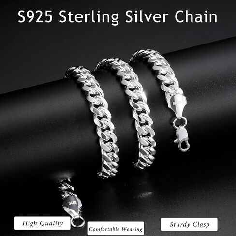 S925 Sterling Silver Cuban Chain Necklace for Men - 10MM S925 Sterling Silver Over Cuban Chain Necklace for Men 18/20/22/24/26Inch in Saudi Arabia