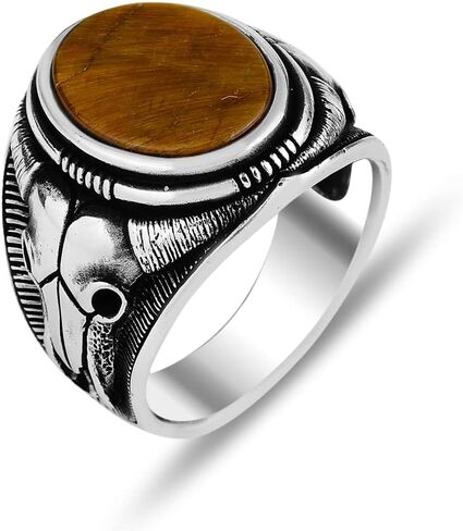 Silver Tiger Eye Ring, Bull Head Silver Signet Mens Ring,Oval Gemstone Ring, Signet Bull Ring, 925k Sterling Silver Ring, Gift For Him in Kuwait