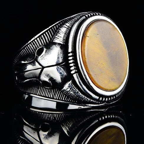 Silver Tiger Eye Ring, Bull Head Silver Signet Mens Ring,Oval Gemstone Ring, Signet Bull Ring, 925k Sterling Silver Ring, Gift For Him in Kuwait