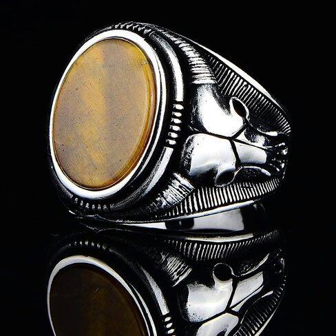 Silver Tiger Eye Ring, Bull Head Silver Signet Mens Ring,Oval Gemstone Ring, Signet Bull Ring, 925k Sterling Silver Ring, Gift For Him in Kuwait