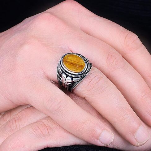 Silver Tiger Eye Ring, Bull Head Silver Signet Mens Ring,Oval Gemstone Ring, Signet Bull Ring, 925k Sterling Silver Ring, Gift For Him in Kuwait