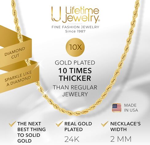 LIFETIME JEWELRY 2mm Gold Rope Chain for Women & Men - Diamond Cut 24k Necklace Real Gold Plated - Lifetime Replacement - Durable Clasp - 14 to 36 inches in Kuwait