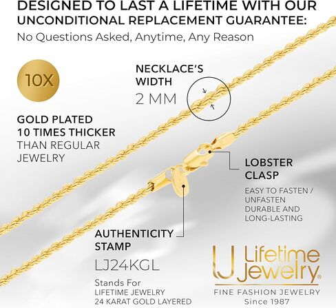 LIFETIME JEWELRY 2mm Gold Rope Chain for Women & Men - Diamond Cut 24k Necklace Real Gold Plated - Lifetime Replacement - Durable Clasp - 14 to 36 inches in Kuwait