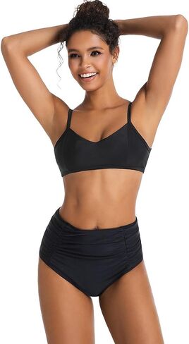 Micosuza Women's Ruched High Waisted Bikini Bottoms Tummy Control Full Coverage Swim Bottom in Kuwait