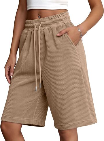 Women's Bermuda Shorts Wide Leg Drawstring Casual Baggy Summer Knee Length Oversized Corduroy Shorts with Pockets in Kuwait
